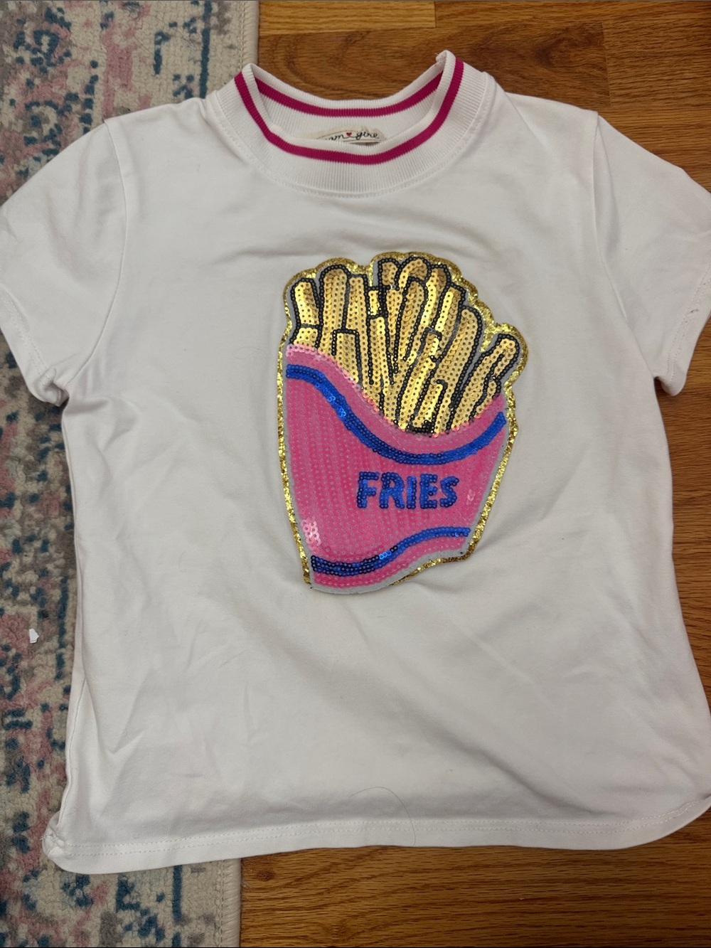 White Girls' Short Sleeve Sequin Fries Graphic Tee - Pink & Gold Accent